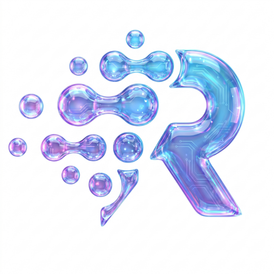 The Refactor mark, a glass R beside floating liquid spheres